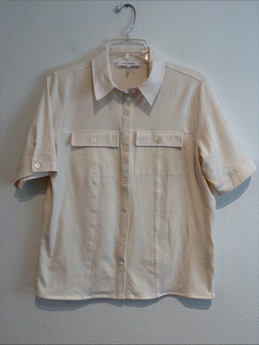 FRAME Utility Short-Sleeve Organic Cotton Button Down Cream Shirt Like New